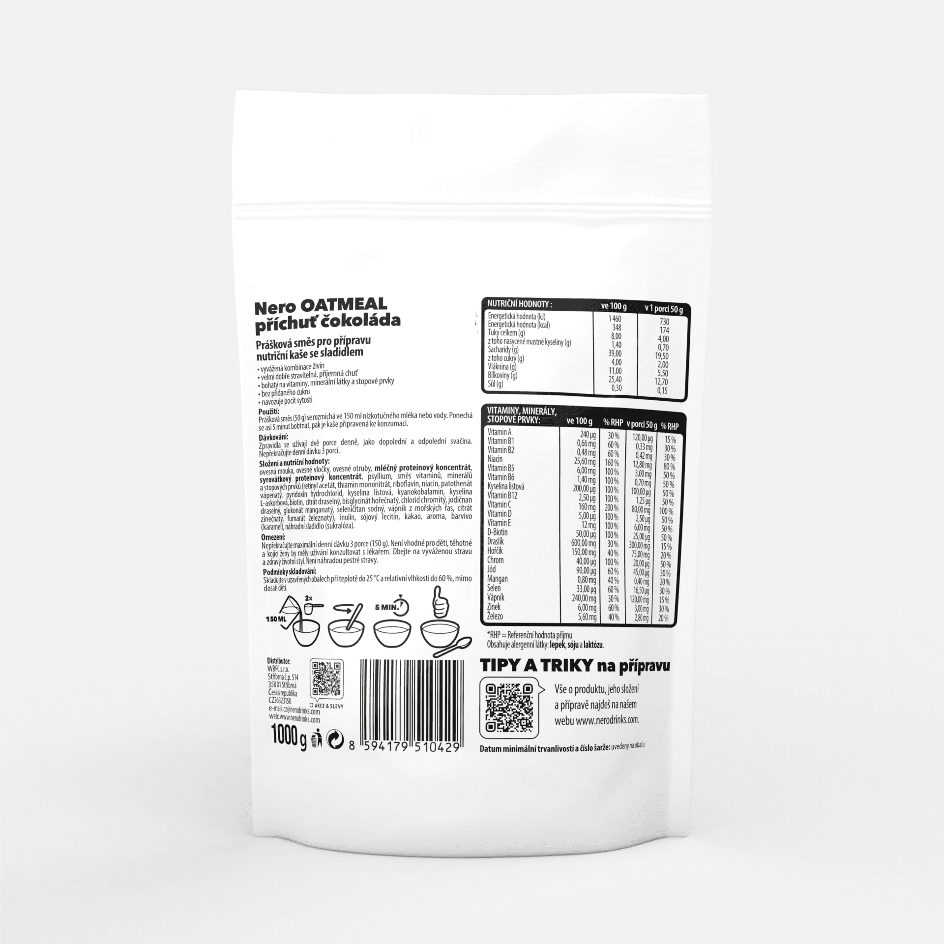Proteinová instantní ovesná kaše Nero, Čokoláda, 1kg, 20 porcí - náhled 3