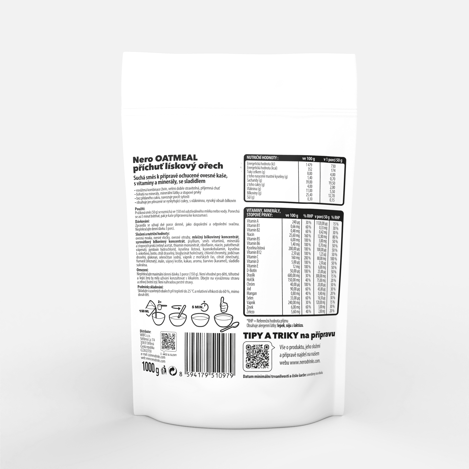 Proteinová instantní ovesná kaše Nero, Lískový oříšek, 1kg, 20 porcí - náhled 3