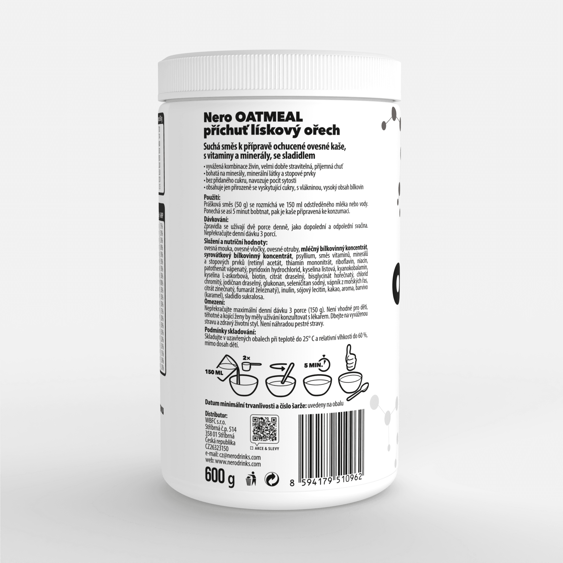 Proteinová instantní ovesná kaše Nero, Lískový oříšek, 600g, 12 porcí - náhled 4