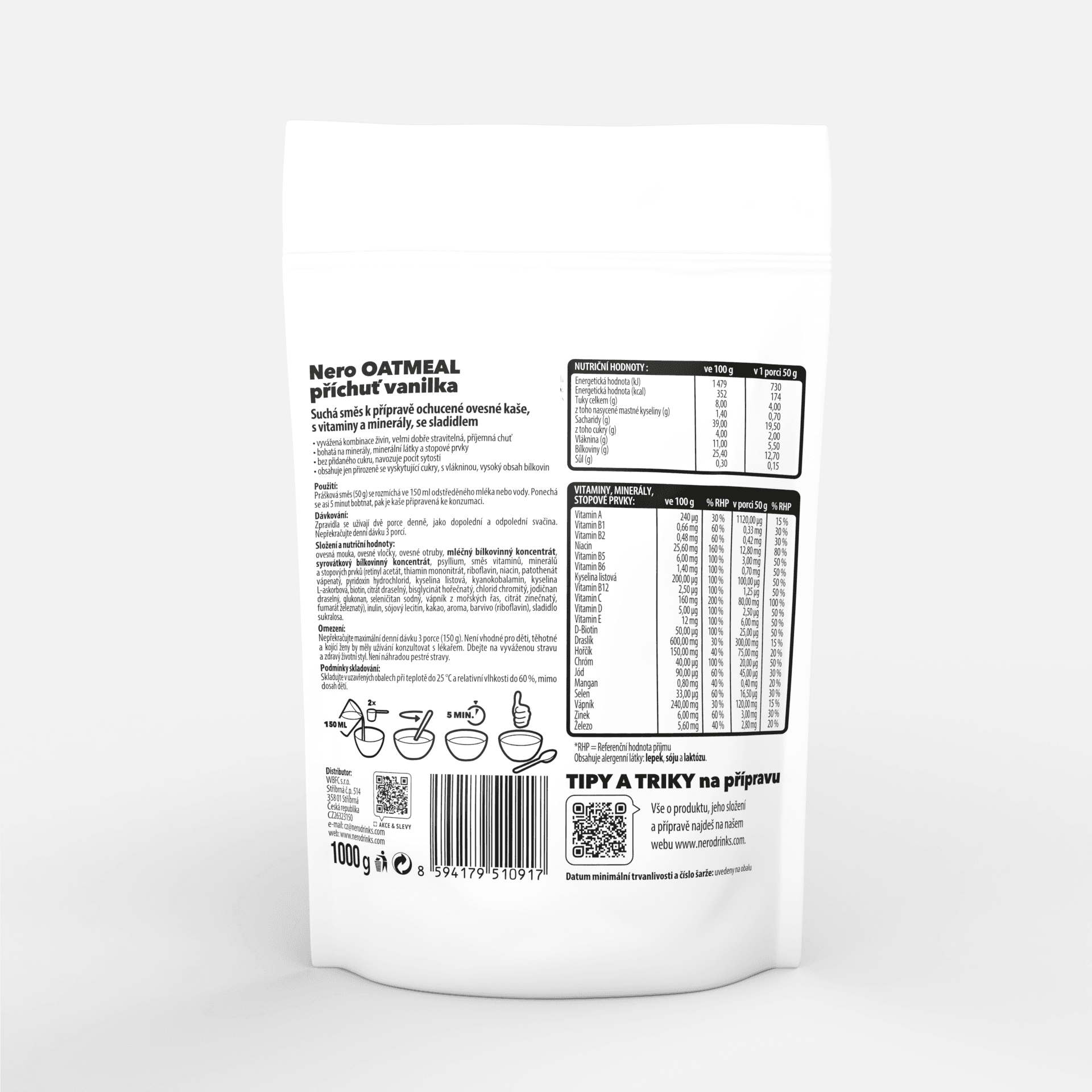 Proteinová instantní ovesná kaše Nero, Vanilka, 1kg, 20 porcí - náhled 3