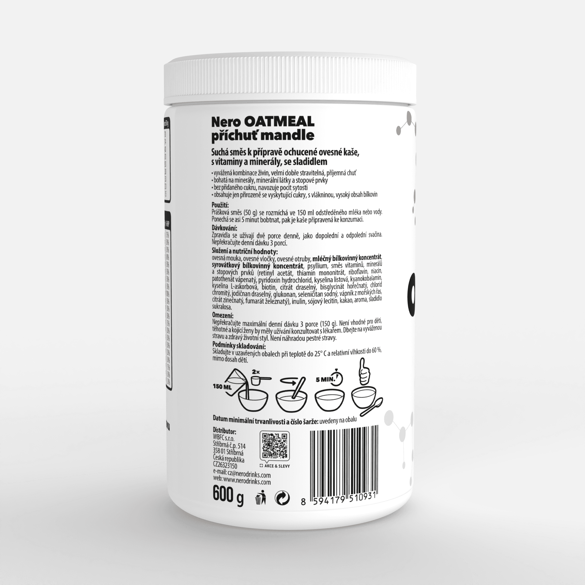 Proteinová instantní ovesná kaše Nero, Mandle, 600g, 12 porcí - náhled 4